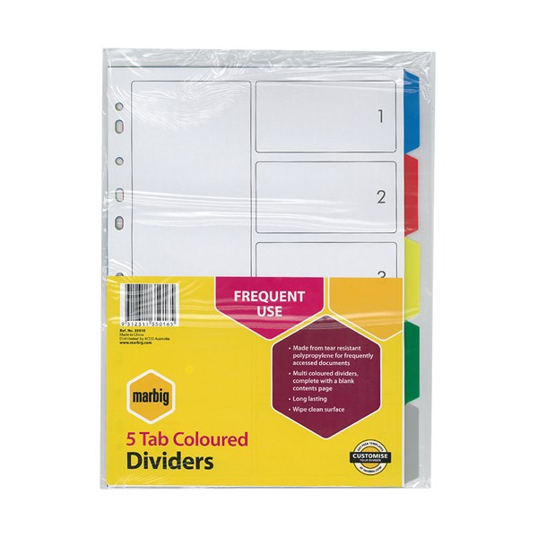Marbig Dividers Pp A4 5 Tab Multi Colour