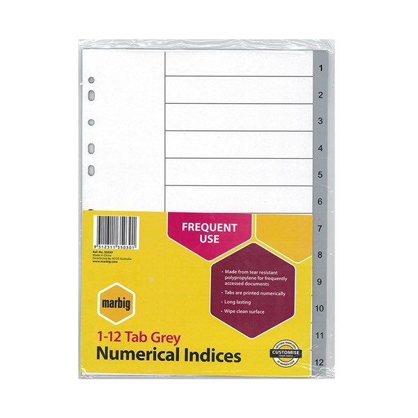 Marbig Dividers Pp A4 1-12 Tab Grey