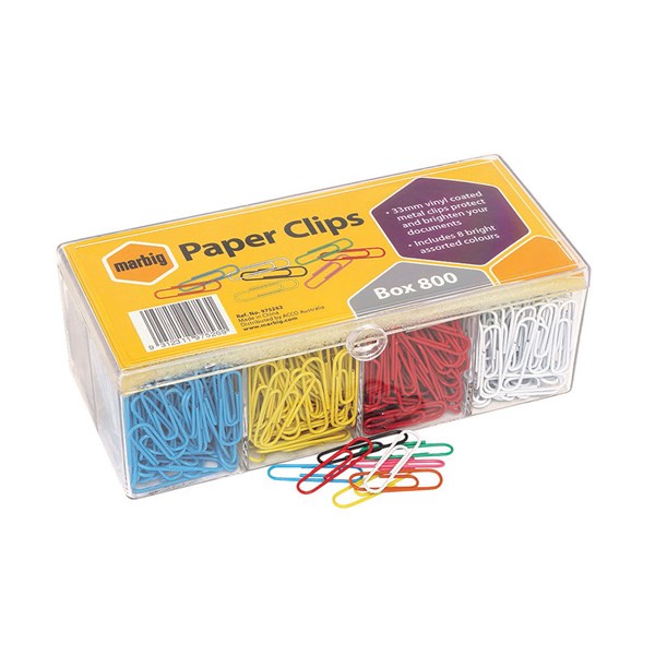 Marbig Paper Clips Vinyl Coated Assorted Colours Pack 800